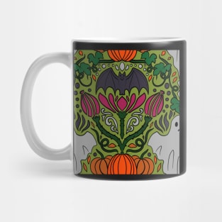 Spooky Halloween Damask Print with Bats, Pumpkins,Ghosts and Thistle on Moss Green Mug